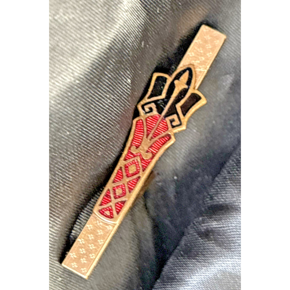 Vintage Art Deco Brooch Pin Bar Enamel Guilloché Red & Black Gold Tone By F&R